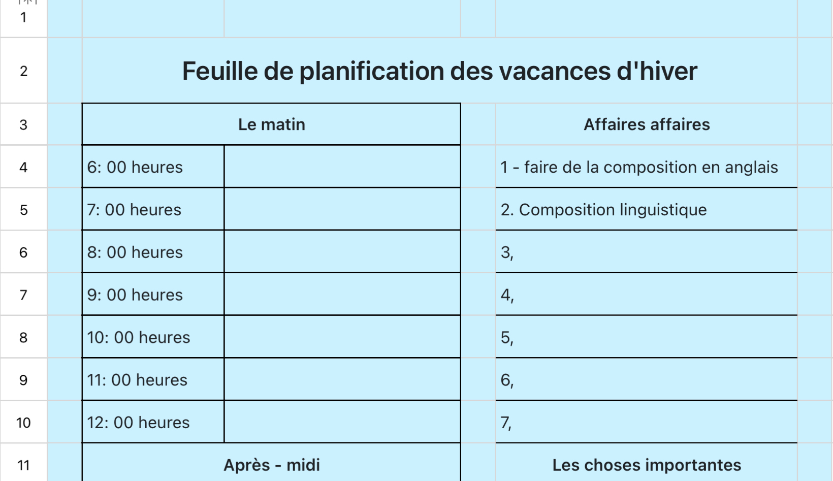 Feuille de planification des vacances d'hiver
